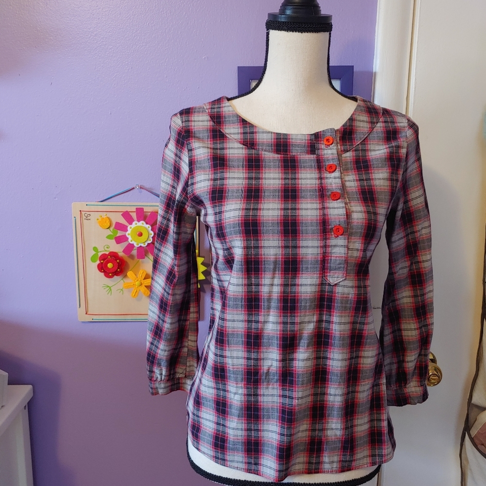 Plaid 3/4 sleeve blouse